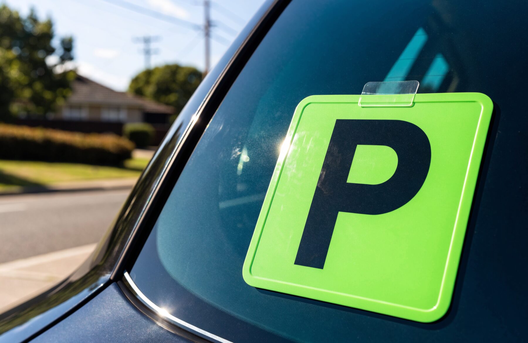 Green P plate displayed on a car window after passing the Victorian drive test
